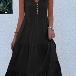 Kadın Askılı V Yakalı önden Düğmeli Midi Viskon Elbise , 32357