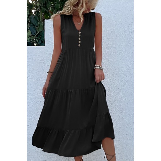 Kadın Askılı V Yakalı önden Düğmeli Midi Viskon Elbise , 32357