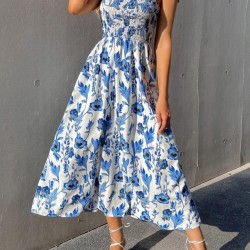 Kadın Askılı Göğüs Gipeli Uzun çiçek Desenli Süprem Elbise , 32356