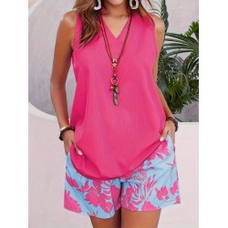 Kadın Askılı V Yakalı Sandy Bluz Ve Desenli Short Ikili Takım , 32355