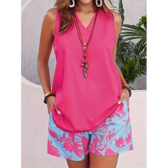 Kadın Askılı V Yakalı Sandy Bluz Ve Desenli Short Ikili Takım , 32355