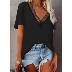 Kadın Kısa Kollu Dantelli V Yaka Sandy Bluz, 6330