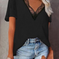 Kadın Kısa Kollu Dantelli V Yaka Sandy Bluz, 6330 Kadın Kısa Kollu Dantelli V Yaka Sandy Bluz, 6330