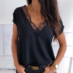 Kadın Kısa Kollu Dantelli V Yaka Sandy Bluz, 6330