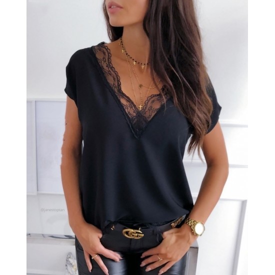 Kadın Kısa Kollu Dantelli V Yaka Sandy Bluz, 6330 Kadın Kısa Kollu Dantelli V Yaka Sandy Bluz, 6330