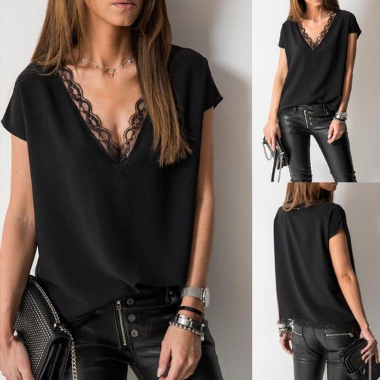 Kadın Kısa Kollu Dantelli V Yaka Sandy Bluz, 6330 Kadın Kısa Kollu Dantelli V Yaka Sandy Bluz, 6330