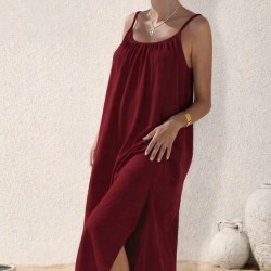 Kadın Ip Askılı Yuvarlak Yaka Yırtmaçlı Uzun Müslim Elbise, 32381