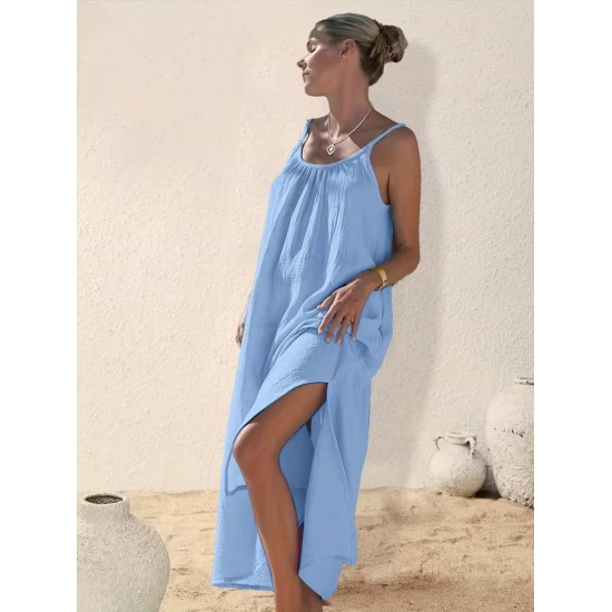 Kadın Ip Askılı Yuvarlak Yaka Yırtmaçlı Uzun Müslim Elbise, 32380