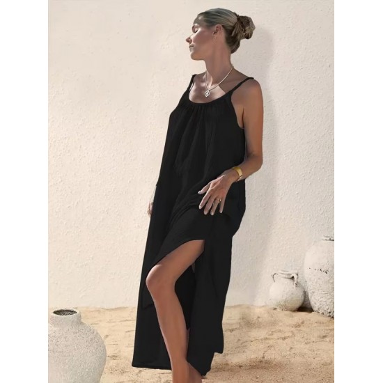 Kadın Ip Askılı Yuvarlak Yaka Yırtmaçlı Uzun Müslim Elbise, 32378