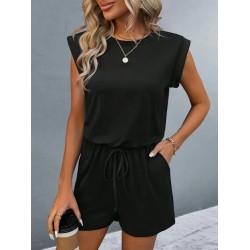 Kadın Kısa Kollu Vatkalı Belden Bağcıklı Kısa Viskon Tulum , 32377