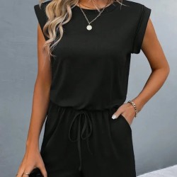 Kadın Kısa Kollu Vatkalı Belden Bağcıklı Kısa Viskon Tulum , 32377