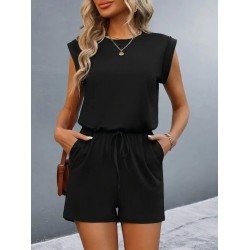 Kadın Kısa Kollu Vatkalı Belden Bağcıklı Kısa Viskon Tulum , 32377