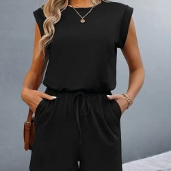 Kadın Kısa Kollu Vatkalı Belden Bağcıklı Kısa Viskon Tulum , 32377