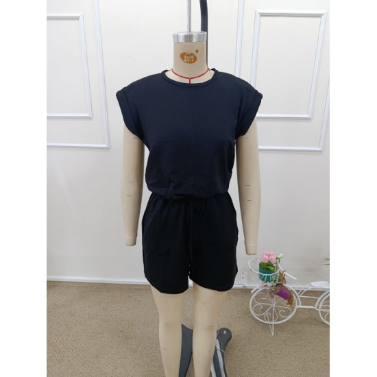 Kadın Kısa Kollu Vatkalı Belden Bağcıklı Kısa Viskon Tulum , 32377