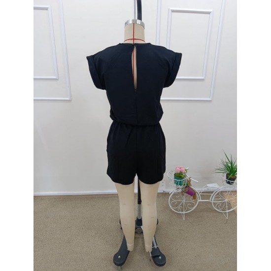 Kadın Kısa Kollu Vatkalı Belden Bağcıklı Kısa Viskon Tulum , 32377