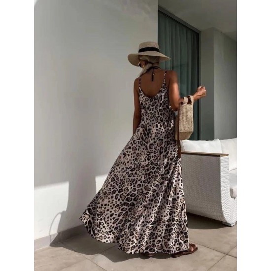 Kadın Askılı Yuvarlak Yakalı Geniş Kesim Leopar Desenli Uzun Süprem Elbise , 32376 Kadın Askılı Yuvarlak Yakalı Geniş Kesim Leopar Desenli Uzun Süprem Elbise , 32376