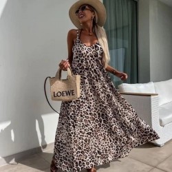 Kadın Askılı Yuvarlak Yakalı Geniş Kesim Leopar Desenli Uzun Süprem Elbise , 32376