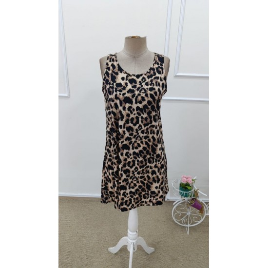 Kadın Askılı Yuvarlak Yakalı Kısa Leopar Desenli Süprem Elbise , 32371