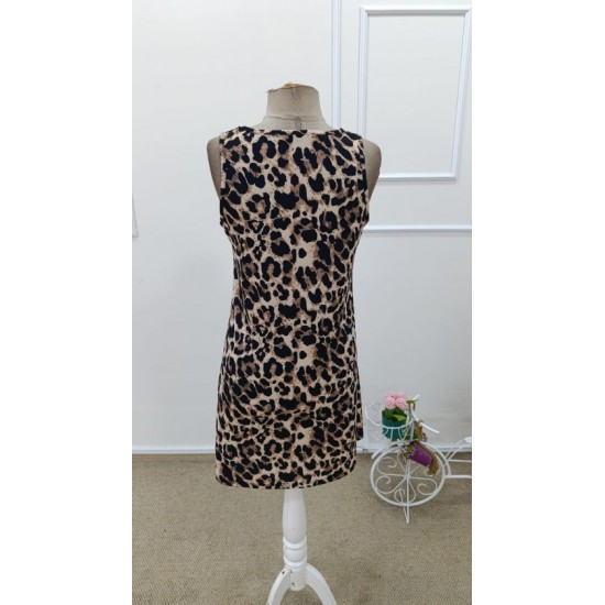 Kadın Askılı Yuvarlak Yakalı Kısa Leopar Desenli Süprem Elbise , 32371