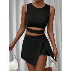 Kadın Askılı Yuvarlak Yakalı Krop Janjan Bluz Ve Shortlu Etek Ikili Takım , 32368