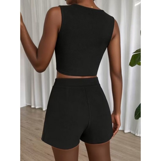 Kadın Askılı Yuvarlak Yakalı Krop Janjan Bluz Ve Shortlu Etek Ikili Takım , 32368 Kadın Askılı Yuvarlak Yakalı Krop Janjan Bluz Ve Shortlu Etek Ikili Takım , 32368