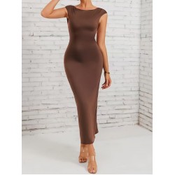 Kadın Kısa Kollu Derin Sırt Dekolteli Uzun Dalgıç Elbise , 32366