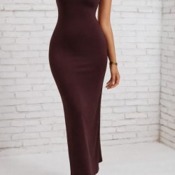 Kadın Kısa Kollu Derin Sırt Dekolteli Uzun Dalgıç Elbise , 32366