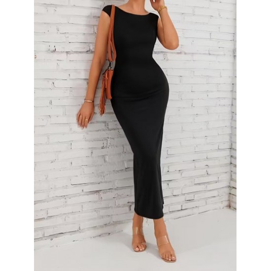 Kadın Kısa Kollu Derin Sırt Dekolteli Uzun Dalgıç Elbise , 32364 Kadın Kısa Kollu Derin Sırt Dekolteli Uzun Dalgıç Elbise , 32364