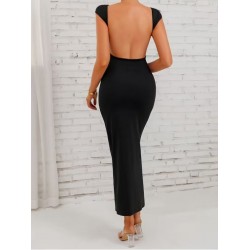 Kadın Kısa Kollu Derin Sırt Dekolteli Uzun Dalgıç Elbise , 32364