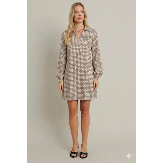 Kadın Uzun Kollu Yakalı Desenli Mini Modal Elbise , 32382
