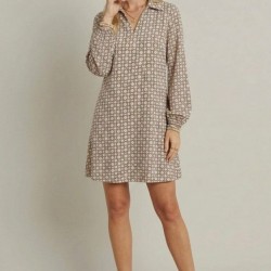 Kadın Uzun Kollu Yakalı Desenli Mini Modal Elbise , 32382