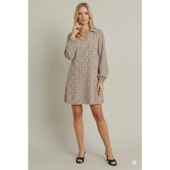 Kadın Uzun Kollu Yakalı Desenli Mini Modal Elbise , 32382