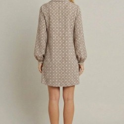 Kadın Uzun Kollu Yakalı Desenli Mini Modal Elbise , 32382