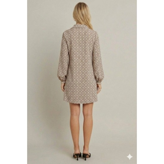 Kadın Uzun Kollu Yakalı Desenli Mini Modal Elbise , 32382