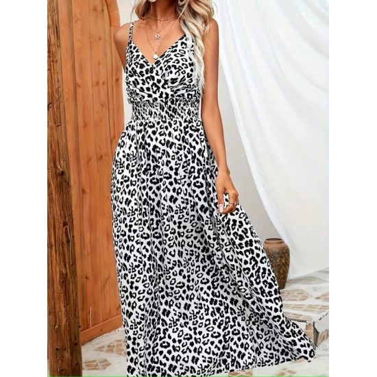 Kadın Ip Askılı Kruvazeli Yakalı Beli Lastikli Leopar Desenli Uzun Süprem Elbise , 32397