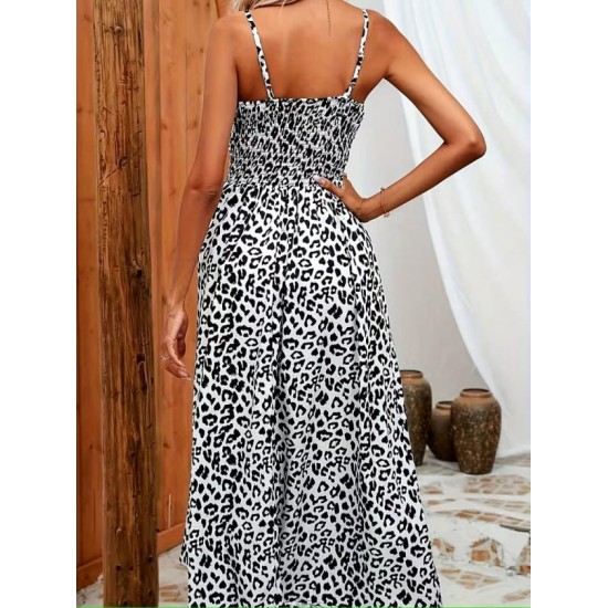 Kadın Ip Askılı Kruvazeli Yakalı Beli Lastikli Leopar Desenli Uzun Süprem Elbise , 32397