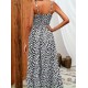 Kadın Ip Askılı Kruvazeli Yakalı Beli Lastikli Leopar Desenli Uzun Süprem Elbise , 32397