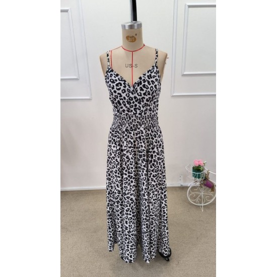 Kadın Ip Askılı Kruvazeli Yakalı Beli Lastikli Leopar Desenli Uzun Süprem Elbise , 32397