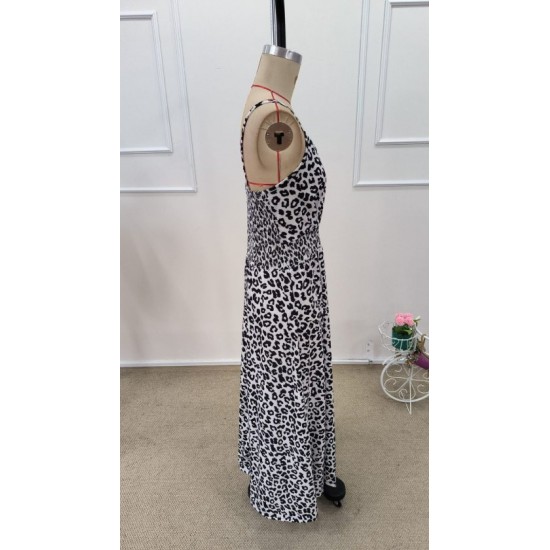 Kadın Ip Askılı Kruvazeli Yakalı Beli Lastikli Leopar Desenli Uzun Süprem Elbise , 32397