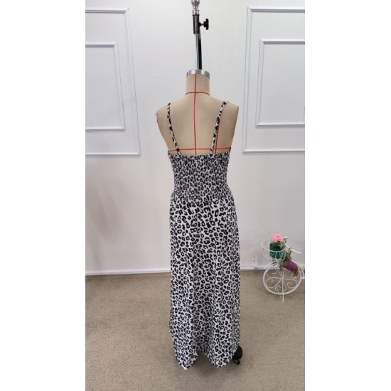 Kadın Ip Askılı Kruvazeli Yakalı Beli Lastikli Leopar Desenli Uzun Süprem Elbise , 32397