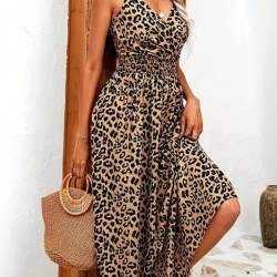 Kadın Ip Askılı Kruvazeli Yakalı Beli Lastikli Leopar Desenli Uzun Süprem Elbise , 32395