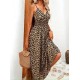 Kadın Ip Askılı Kruvazeli Yakalı Beli Lastikli Leopar Desenli Uzun Süprem Elbise , 32395