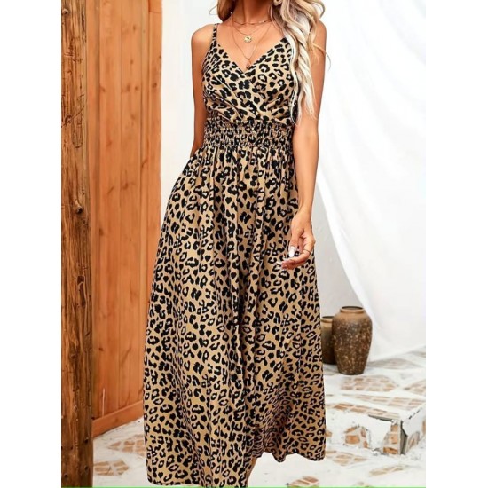 Kadın Ip Askılı Kruvazeli Yakalı Beli Lastikli Leopar Desenli Uzun Süprem Elbise , 32395