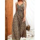Kadın Ip Askılı Kruvazeli Yakalı Beli Lastikli Leopar Desenli Uzun Süprem Elbise , 32395