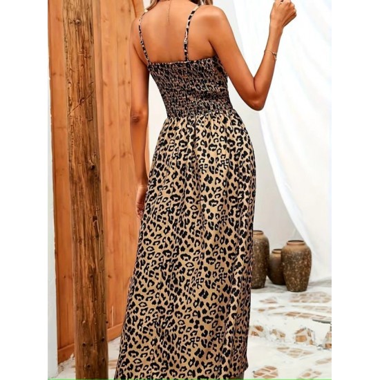 Kadın Ip Askılı Kruvazeli Yakalı Beli Lastikli Leopar Desenli Uzun Süprem Elbise , 32395