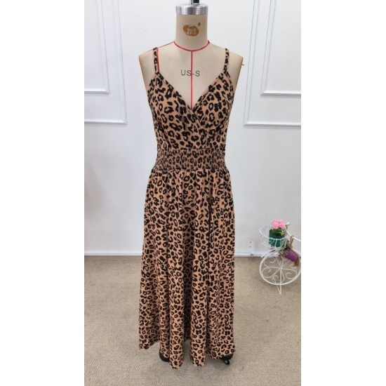 Kadın Ip Askılı Kruvazeli Yakalı Beli Lastikli Leopar Desenli Uzun Süprem Elbise , 32395