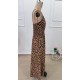 Kadın Ip Askılı Kruvazeli Yakalı Beli Lastikli Leopar Desenli Uzun Süprem Elbise , 32395