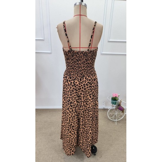 Kadın Ip Askılı Kruvazeli Yakalı Beli Lastikli Leopar Desenli Uzun Süprem Elbise , 32395