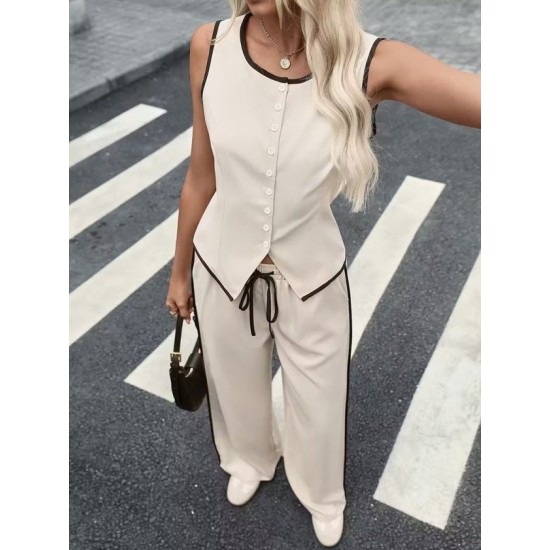 Kadın Kolsuz önü Düğmeli Yelek Ve Pantolon Ikili Takım , 32402