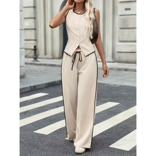 Kadın Kolsuz önü Düğmeli Yelek Ve Pantolon Ikili Takım , 32402